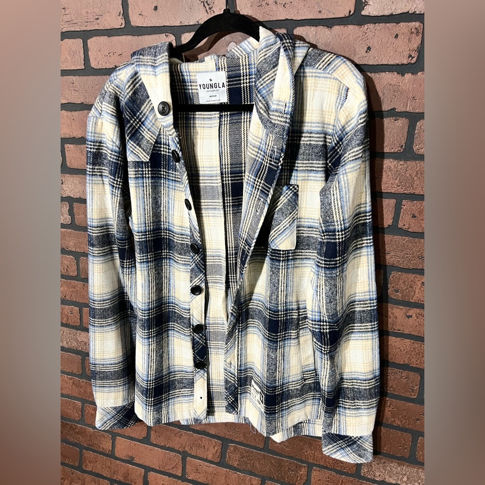 Mens YoungLA button up hooded flannel. Size medium. Blue/ cream colorway.
